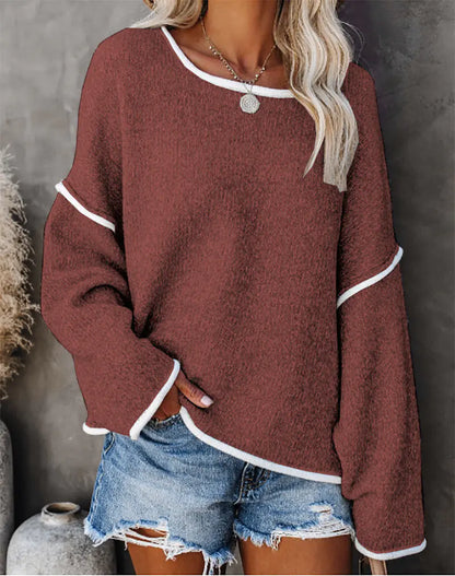 Casual Round Neck Long-sleeved Sweater Top in Solid Colors