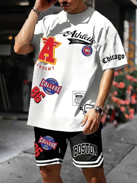 Men's Summer Basketball Style 2-Piece Set: Printed T-Shirt & Shorts - Casual Breathable Polyester, Machine Washable